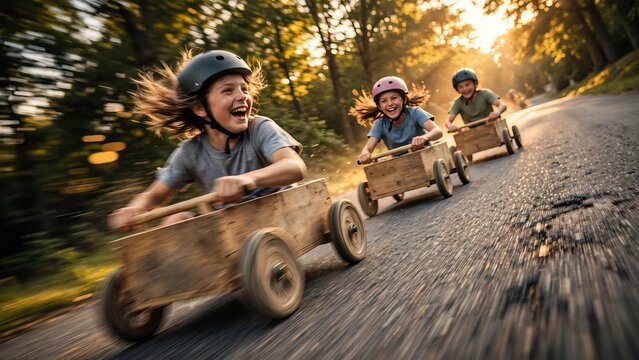 Excited children wearing helmets racing homemade wooden soapbox cars down a sunny forest road with motion blur