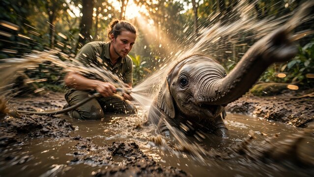 Sanctuary worker bathing a playful baby Asian elephant with a water hose in a muddy forest puddle during golden hour