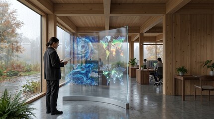 Fototapeta premium Futuristic transparent display showing global data visualizations in a modern wooden office space