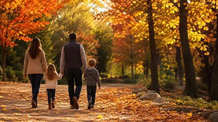 Fototapeta premium Family of four walking together through a sunlit woodland park in colorful autumn