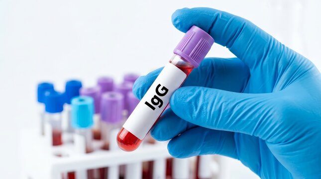 Close-up of a gloved hand holding an IgG blood test tube for clinical hypersensitivity assessment.