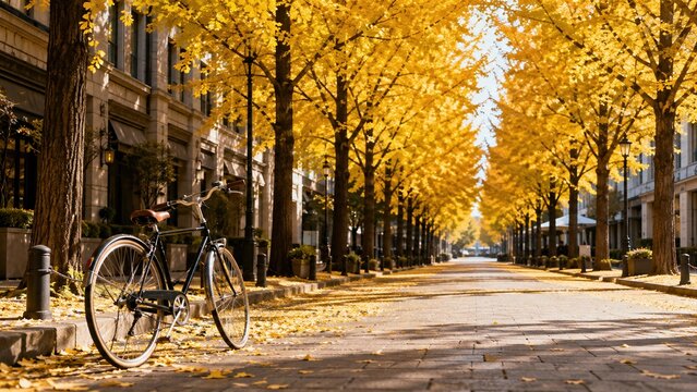 Classic bicycle parked along a golden ginkgo lined urban avenue in autumn sunlight