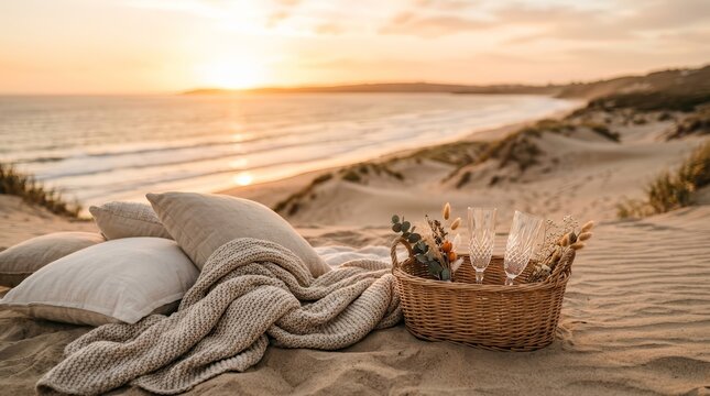 An intimate beach elopement setup with pillows, a blanket, and a wicker basket.