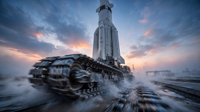 Heavy crawler transporter moving a massive space rocket to the launch pad along tracks during a dramatic sunrise with motion blur and smoke
