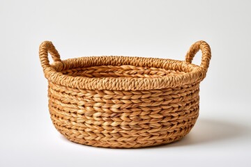Obraz premium Woven seagrass basket with handles on white background in sharp focus studio photography for interior design and home organization marketing
