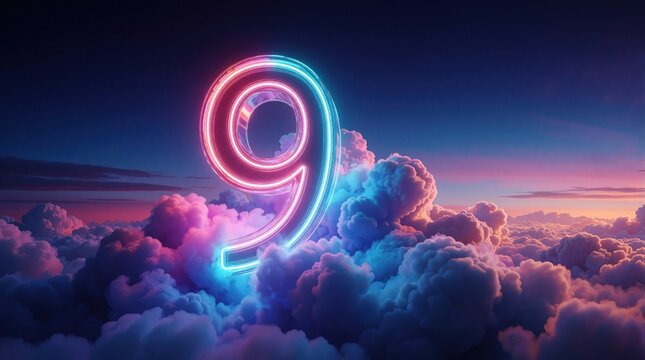 Glowing neon number nine floats above soft colorful clouds. Pink, blue light illuminates dreamy sky background. Abstract 3d render creates fantasy atmosphere with vibrant colors. Digital art shows