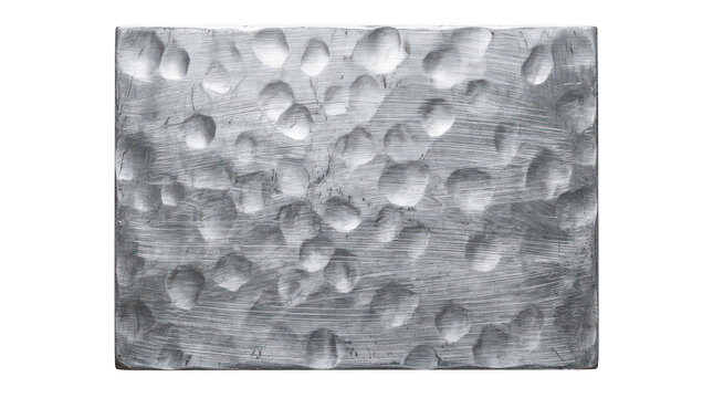 Textured metal surface with hammered dimples reflecting light isolated on transparent background