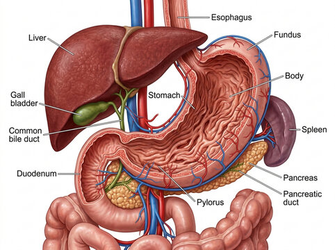 Human Digestive System Anatomy Illustration - Stomach, Liver, Pancreas