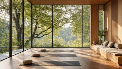 Obraz premium Serene minimalist yoga studio with floor-to-ceiling windows overlooking lush green forest, natural sunlight streaming through glass walls, meditation mats arranged neatly