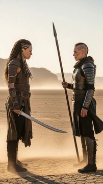 Two fierce female warriors facing each other with weapons in a desert landscape representing strength and conflict