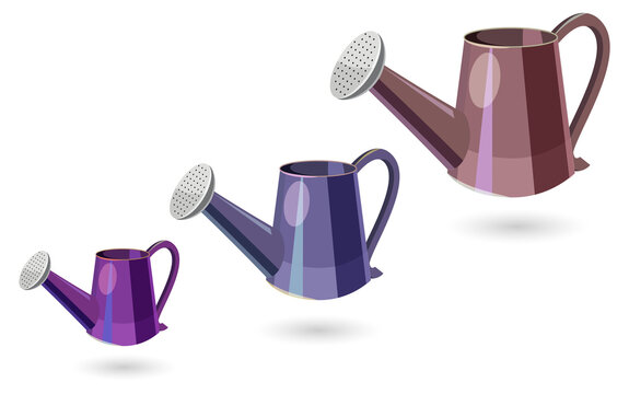 Three colorful watering cans for gardening and plants on transparent background