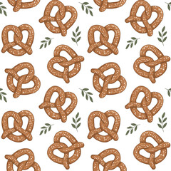 Naklejka premium ​Golden baked pretzel snack seamless pattern. Traditional Bavarian bakery background for menus, food packaging, and aprons.