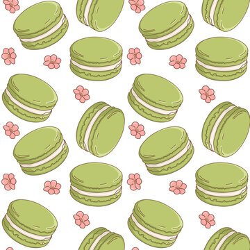 Delicate green matcha macaron dessert seamless pattern for sweet shop packaging, cafe decor, and bakery wallpaper.