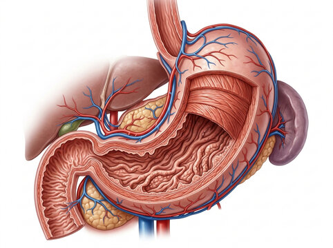 Human Stomach Anatomy Cutaway, Digestive System Organs, Medical Illustration