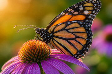 Obraz premium Monarch Butterfly on Purple Coneflower Macro