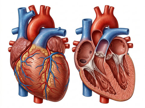 Human Heart Anatomy: External View and Longitudinal Section, Medical Illustration