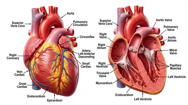 Human Heart Anatomy: External and Cross-Sectional View with Labels