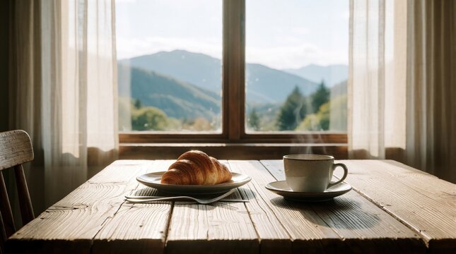 Fresh golden croissant, steaming cup of coffee sit on rustic wooden dining table near large window. Scenic mountain view creates peaceful morning atmosphere inside cosy home interior. Bright natural
