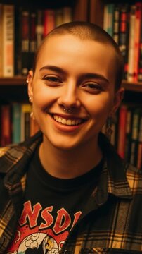 Young adult woman with buzzcut hairstyle and septum piercing smiling in a library surrounded by books for portrait concepts