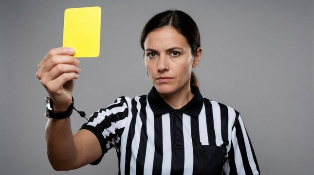 Woman referee shows yellow card during football match. Official gives caution for foul play. Serious female judge enforces sport rules on game field.