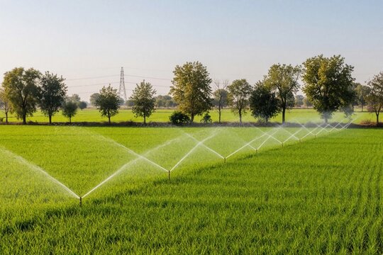 Modern sprinkler irrigation system sprays water over green rice crop field in rural Rajasthan India. Agricultural machine equipment waters plants on sunny day for harvest growth. Sustainable farming