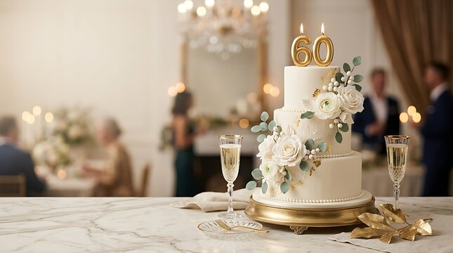 Elegant white three tiered birthday cake decorated with beautiful fresh flowers and golden candles marking sixty years of life celebration