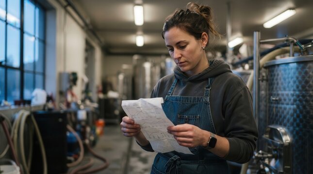 Craft Brewer Carefully Analyzing Production Data Sheets Amidst Stainless Steel Fermentation Tanks in a Modern Beverage Manufacturing Facility