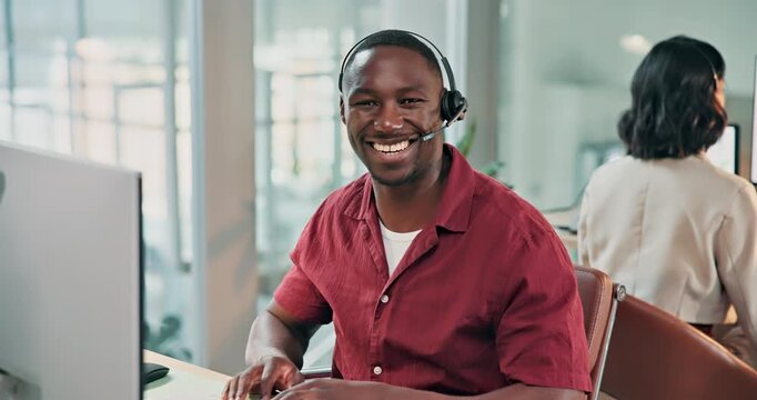 Face, man and happy with computer in callcenter for telemarketing, lead generation and telesales. Coworking, sales agent and smile at tech for cold calling, outbound representative, about us or pride