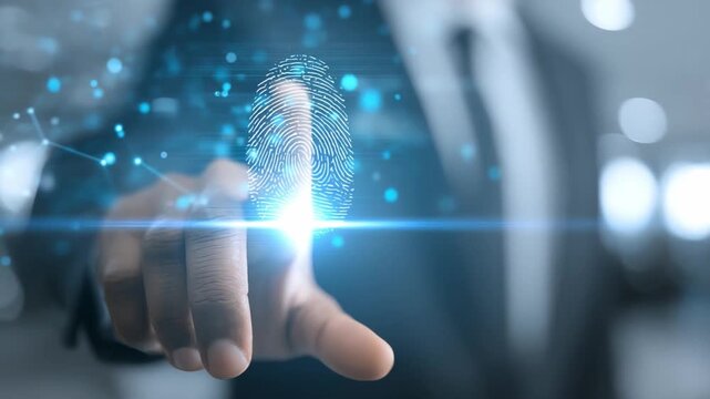 Digital Fingerprint Scan: A man in a suit touches a digital fingerprint scan, representing security, technology, and personal identification in the digital age.