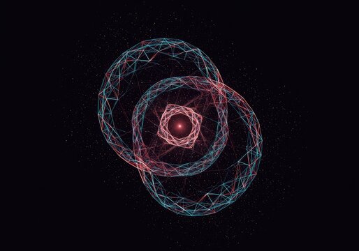 Conceptual physics illustration showing the invisible force of attraction bending a multidimensional geometric field of space and time, field, singularity, mass