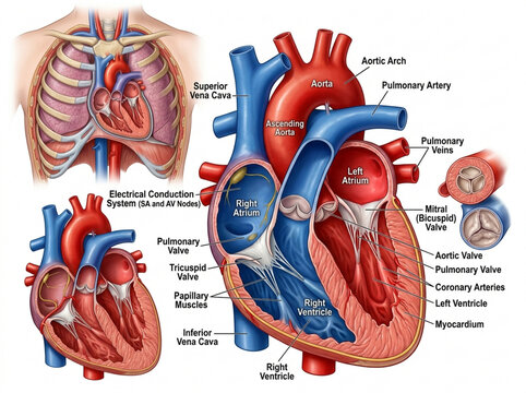 Human Heart Anatomy: Cross-section, Electrical System, Valves, and Vessels