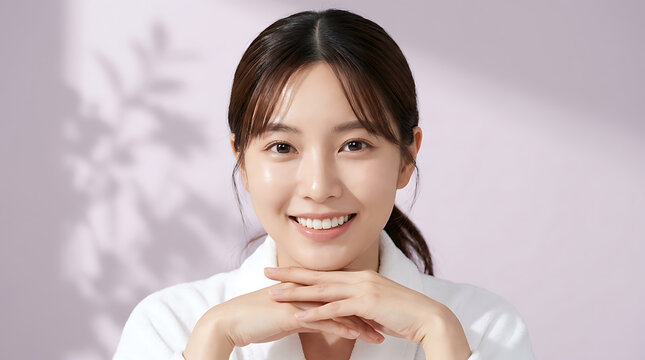 portrait of a smiling young woman with hand under chin in bright studio background emphasizing her joyful expression and natural