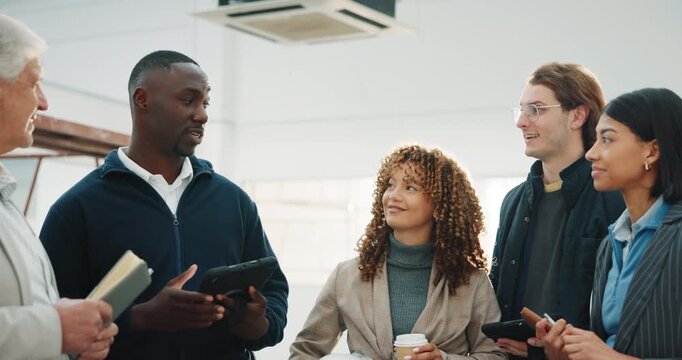 Architect, people and talk on construction site with tablet, meeting or cost estimate for renovation. Architecture, team and tech with quantity surveyor for expenses, advice or discussion for budget.