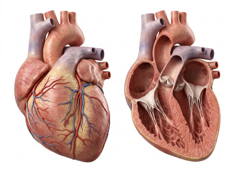Human Heart Anatomy: Exterior View and Cross-Section, Medical Illustration