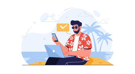 Obraz premium Man working on laptop and phone on a tropical beach, remote work concept