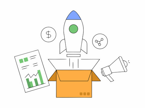 Dynamic vector illustration representing an innovative product entering the market, featuring a product package, launch rocket, market research chart, customer icons, megaphone, and growth statistics.