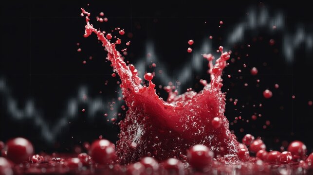 Vivid Red Splash with Water Droplets Creating Dynamic Texture Against Dark Background with Abstract Graph Elements