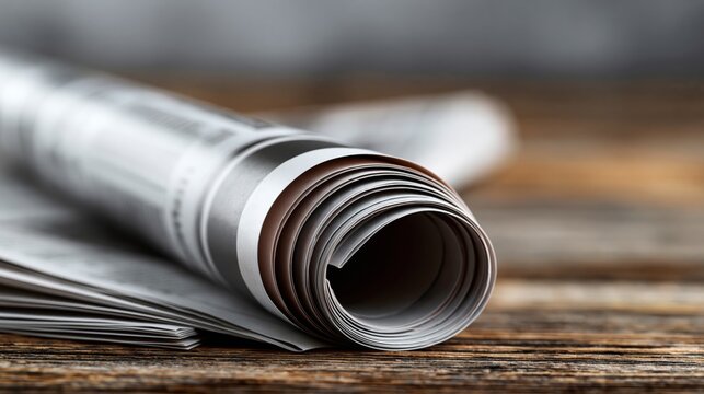 A close-up of rolled newspapers on a rustic wooden surface, showcasing print media.