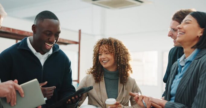 Architecture, team and laugh in building with meeting, collaboration and funny idea for construction. Happy, people or architect group on job site with joke, diversity or planning renovation project.