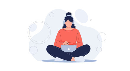Obraz premium Modern Flat Illustration of a Woman with Headphones Using a Laptop While Sitting Cross-Legged