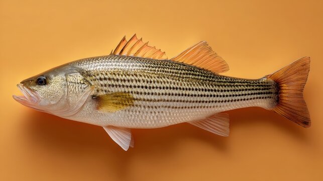 Freshwater striped bass fish on orange backdrop showcasing unique markings and fin structure in a studio setting