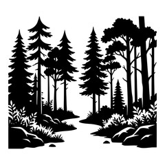 Dense forest path silhouette with coniferous pine trees and rocky terrain art. © Creative_Vectors