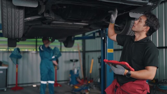 Two Mechanic inspects EV car underside with tablet. Another technician works nearby with tools. Both focus intently on vehicle repair