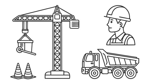 icon construction equipment line icon set featuring crane, cement mixer, bulldozer, excavator, concrete pump, drilling machine, forklift, road roller, wheel loader, dump truck, safety helm