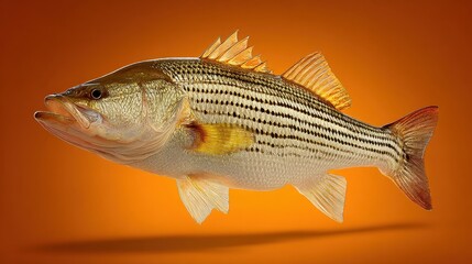 Fototapeta premium Realistic illustration of striped bass fish swimming against a vibrant orange background with intricate details and textures
