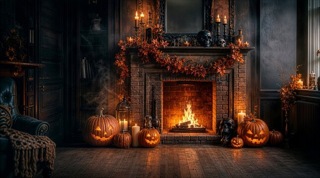 Cozy Halloween living room with glowing brick fireplace, jack-o-lanterns, candles and autumn maple garland. Warm spooky interior with skull decor and vintage furniture for seasonal backgrounds
