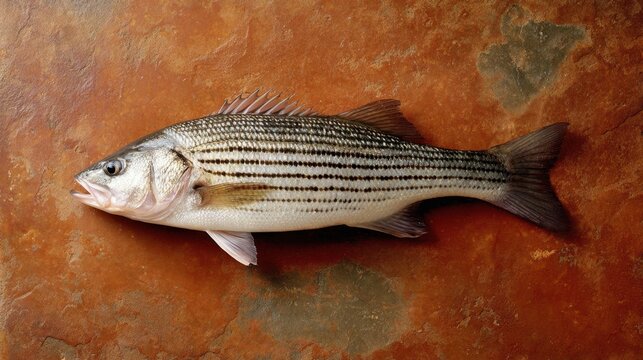 Fresh Striped Bass Fish on Rustic Wooden Table Ready for Cooking and Culinary Preparation in a Kitchen Setting