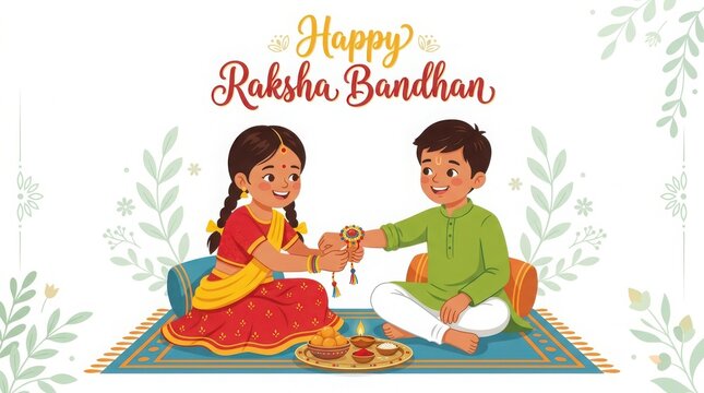 Happy raksha bandhan illustration, brother and sister celebrating the festival with rakhi and sweets.
