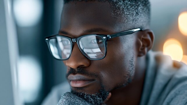 A thoughtful man wearing glasses, focusing on a laptop with bright bokeh background.