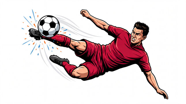 sports illustration, a male soccer player performs a powerful bicycle kick against a bright white backdrop